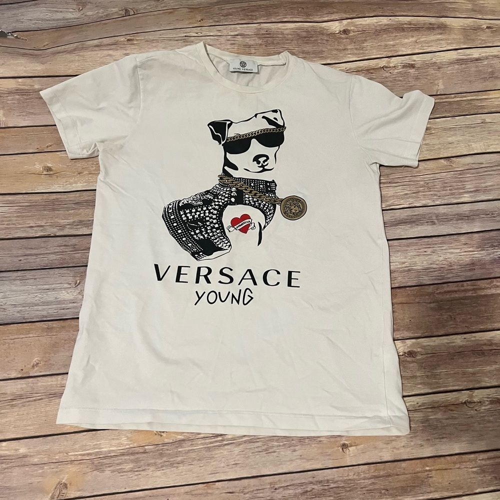 Kids Young Versace White T-shirt Dog with Gold Chain Glasses and Tattoo.  XXL